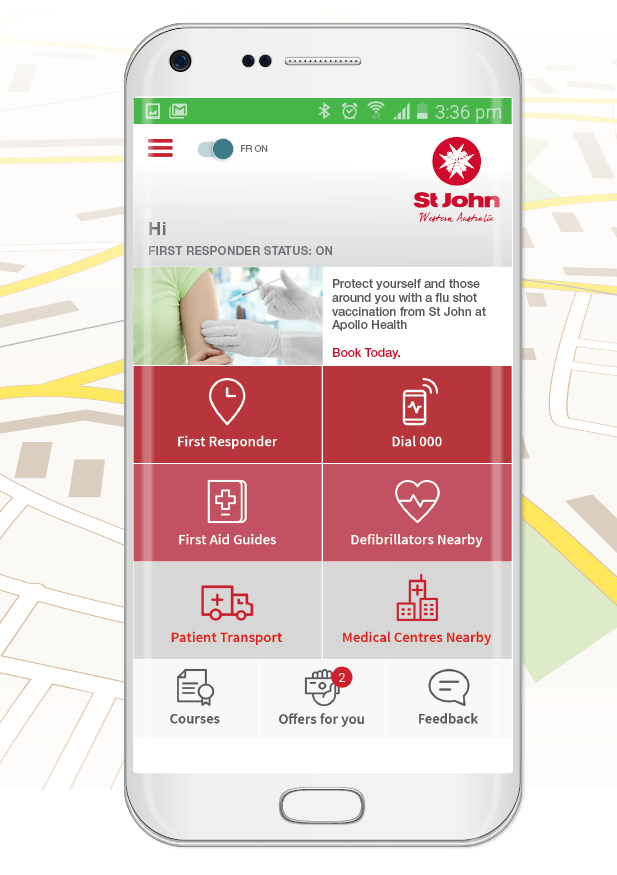 Screenshot of app shows options to call triple-0, find first aid information and nearby medical centres