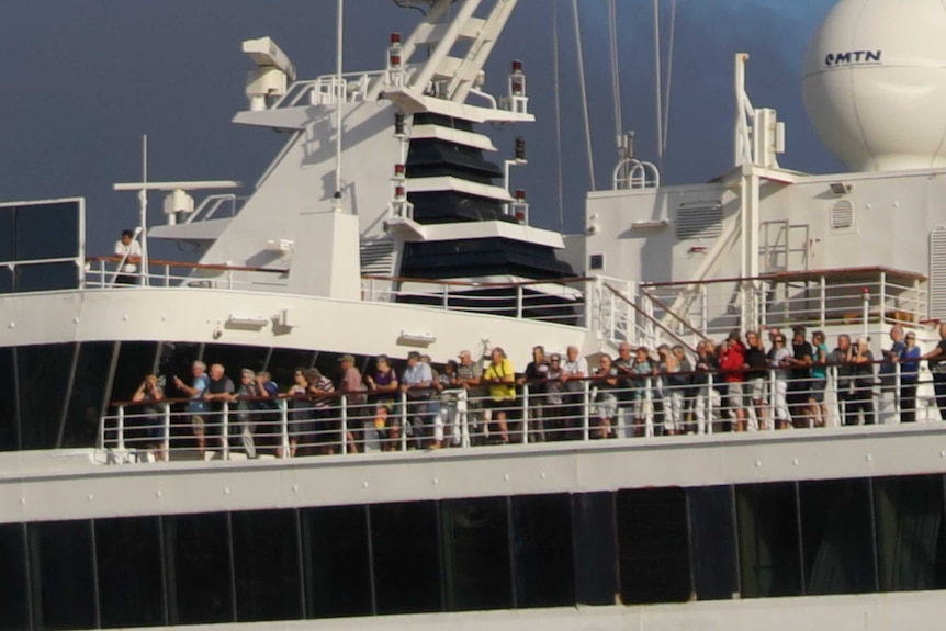 Passengers on deck as the Vasco Da Gama arrives in Fremantle