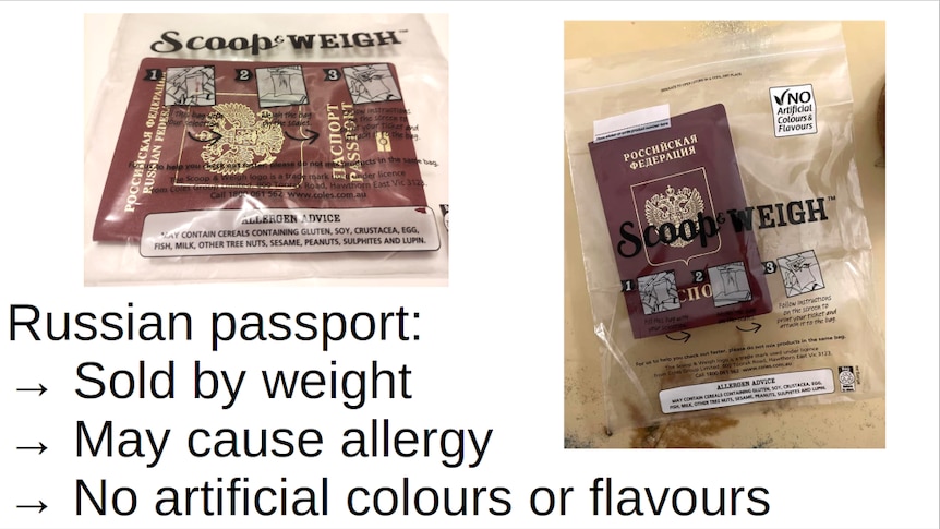 A Russian passport inside a zip lock bag is labelled with a caption: "Russian passport: Sold by weight, may cause alllergy".