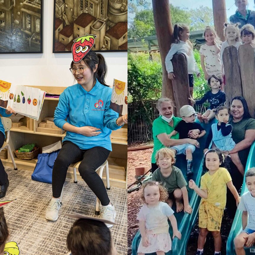 (L) Childcare teachers wear fruit signs on their heads during storytime, (R) children and staff stand on outside play equipment.