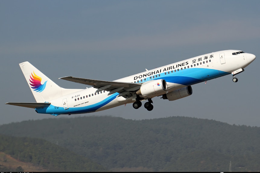 A Dong Hai Airlines-branded plane takes off.