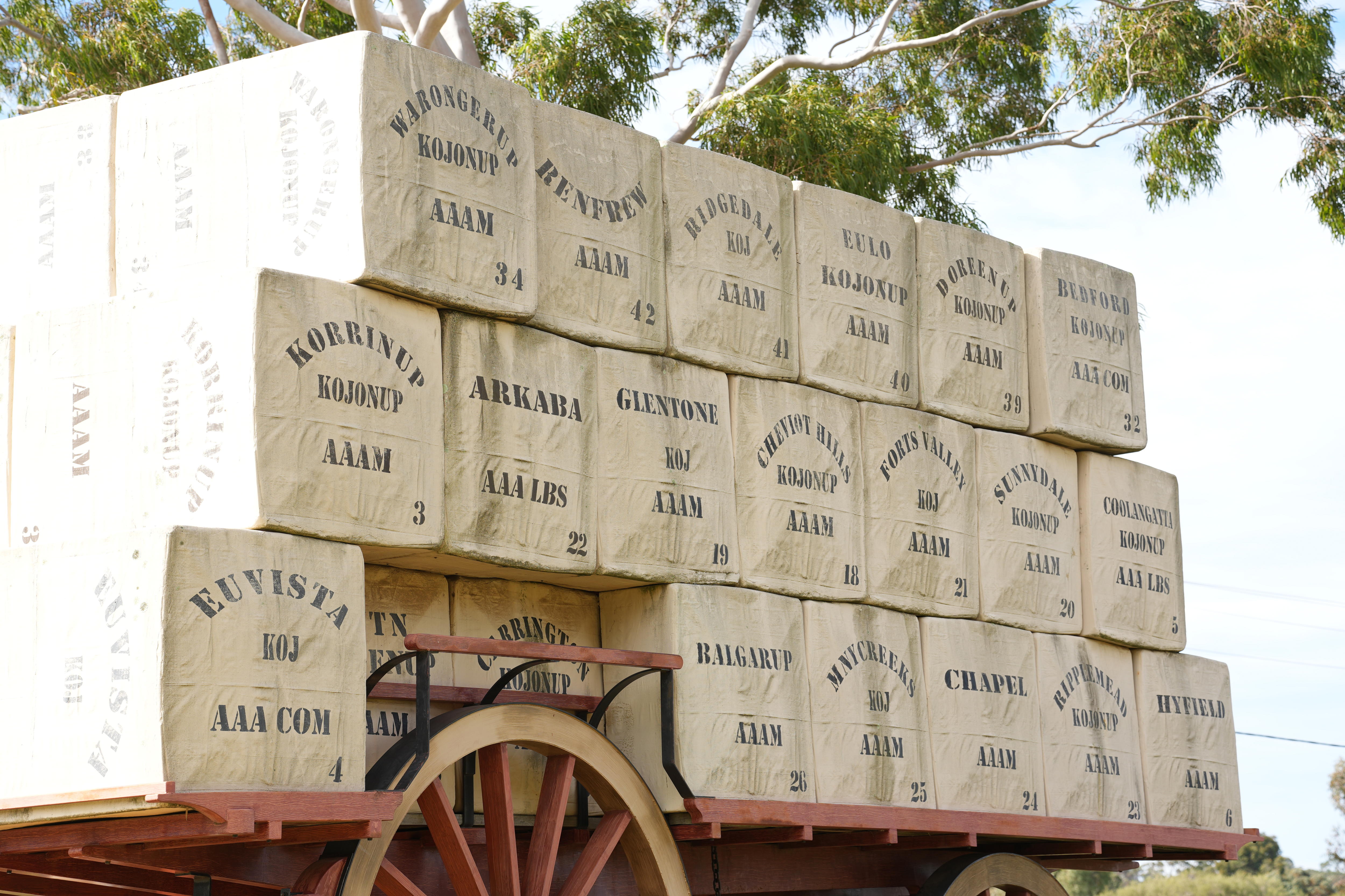 bales of wool on the back of a dray.