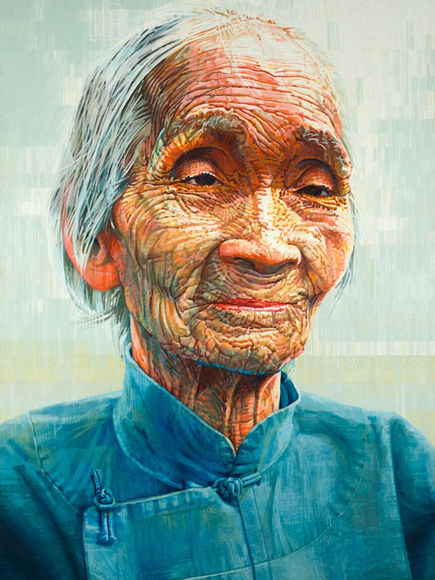 A painting of an elderly woman in a blue shirt 