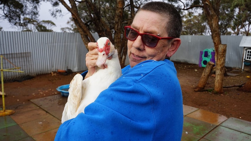 A close image of woman with holding a duck in her arms.