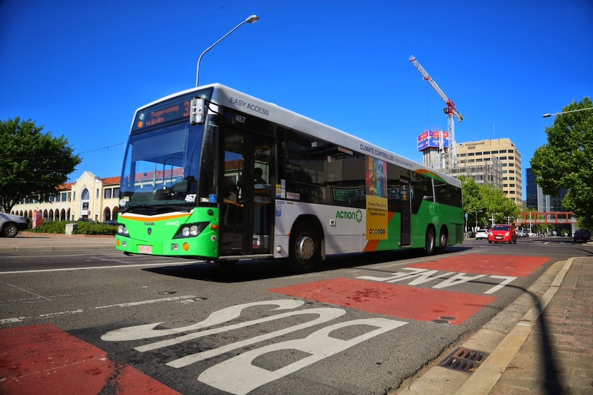 An ACTION bus on the road in Canberra.