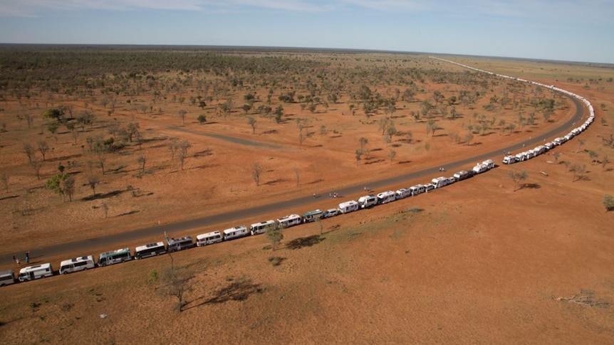 A Guinness World Record-breaking parade of camping vehicles outside Barcaldine, May 26, 2019