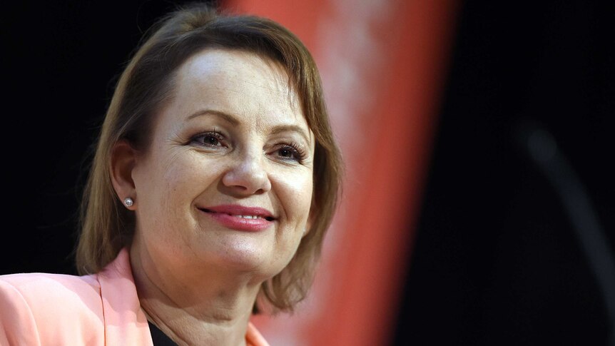 Sussan Ley smiles against a red and black backdrop.