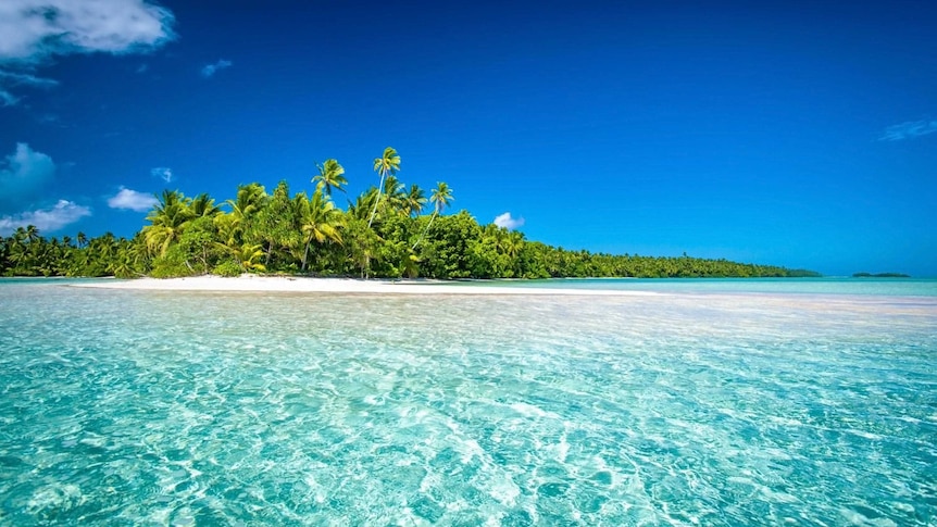 An island with white sandy beaches, turquoise water, swaying palms and blue sky.