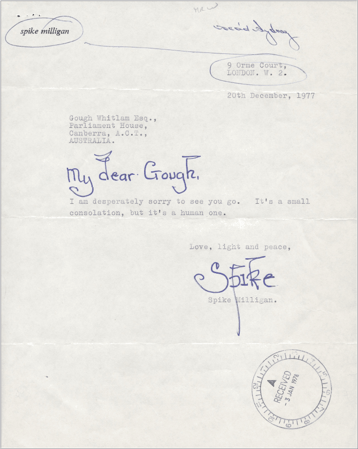 Comedian Spike Milligan sent this letter to former PM Gough Whitlam in 1977.