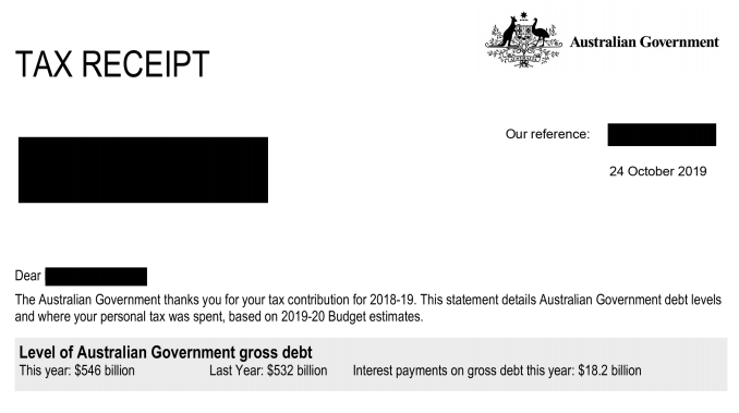 The 2019 tax receipt showing the amount of gross Commonwealth Government debt.