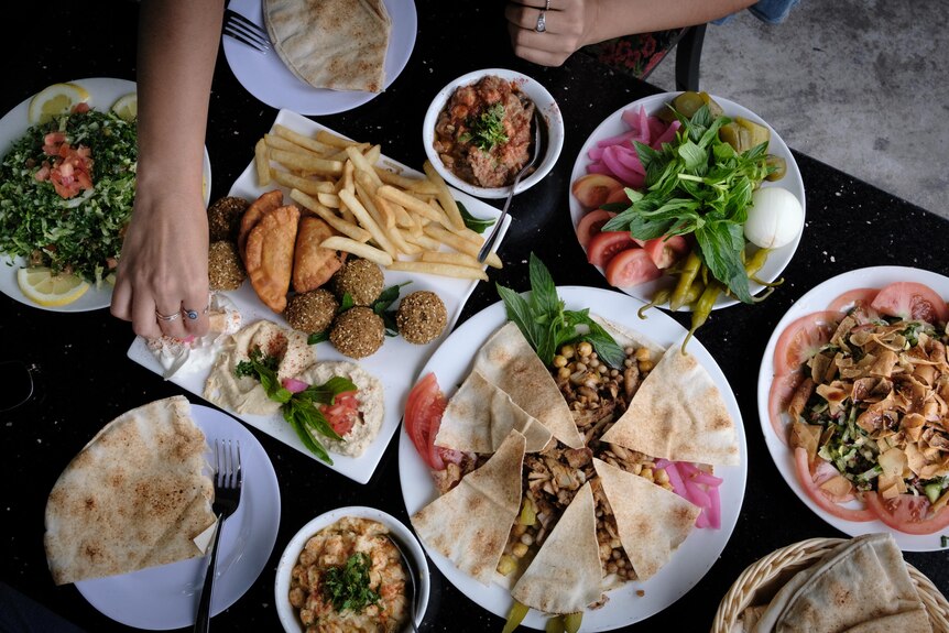 A spread of Lebanese food. 