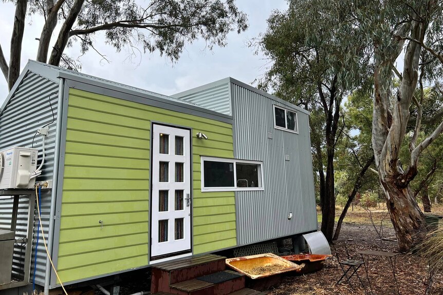 A tiny home with green cladding and a white door 