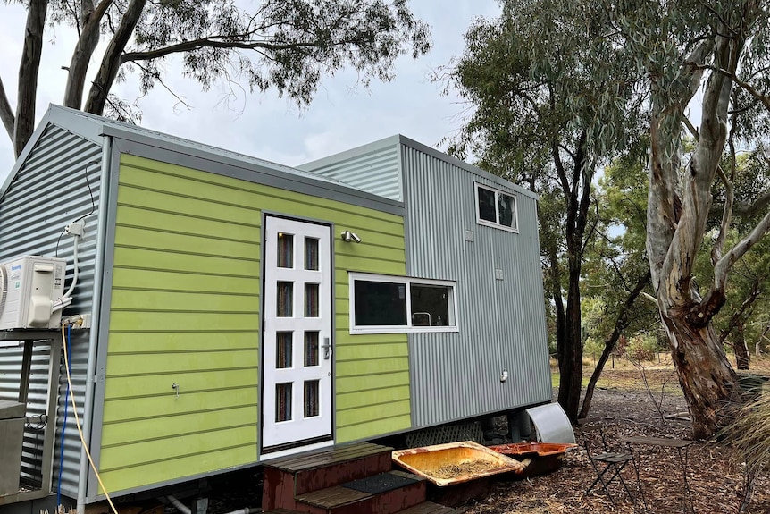 A tiny home with green cladding and a white door 