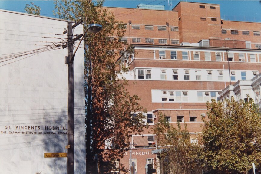 A brick hospital building on a clear autumn day.