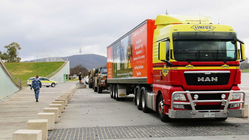 The Lightning bolt convoy lined up by lake burley griffin.