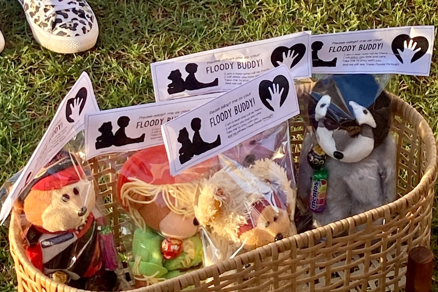 A basket filled with soft toys in plastic wrapping