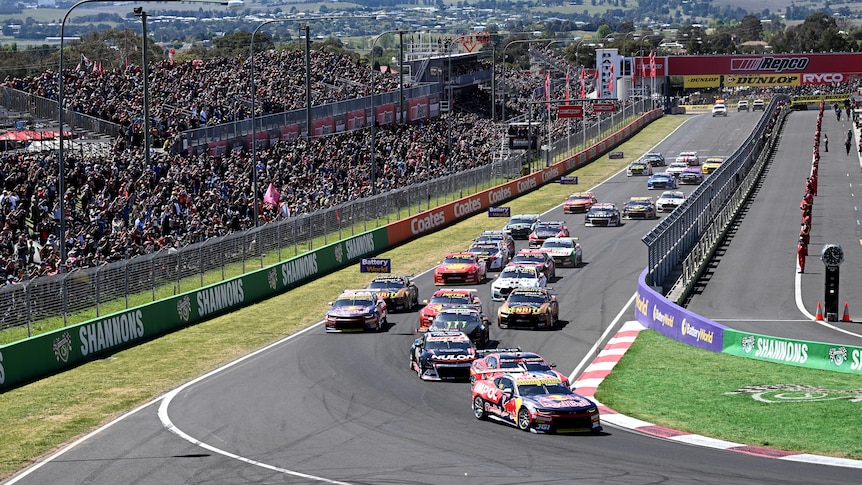 An ariel view of several race cars at the first corner of a race, in front of fans.