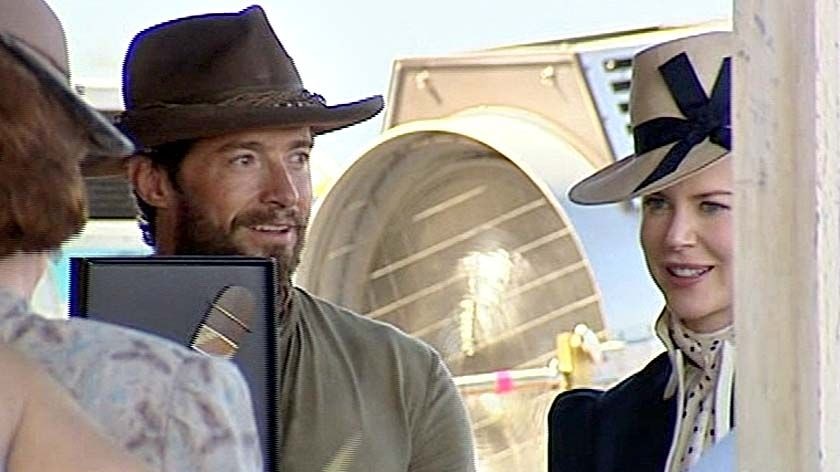 Hugh Jackman and Nicole Kidman on the set of Australia.