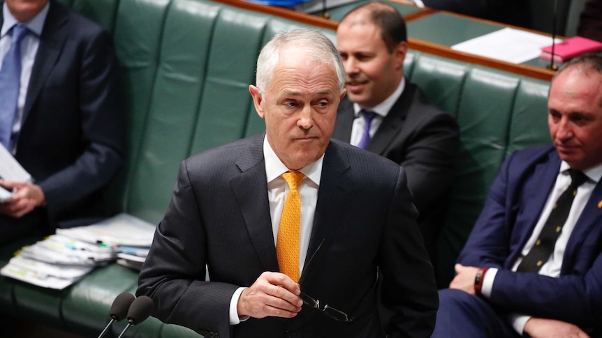 Prime Minister Malcolm Turnbull looks stern during Question Time