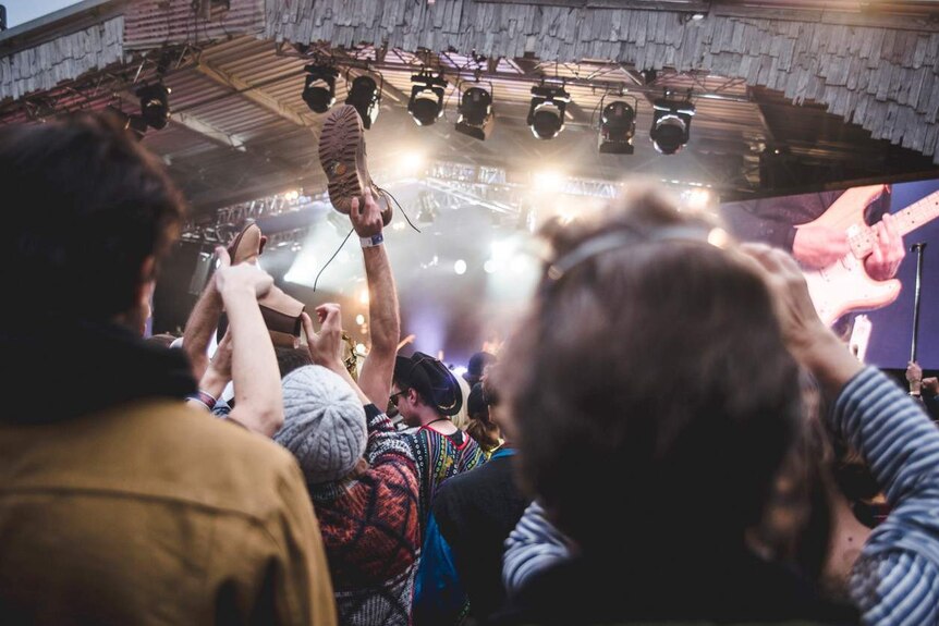 A photo taken from among the crowd at a music festival looking up at the stage.