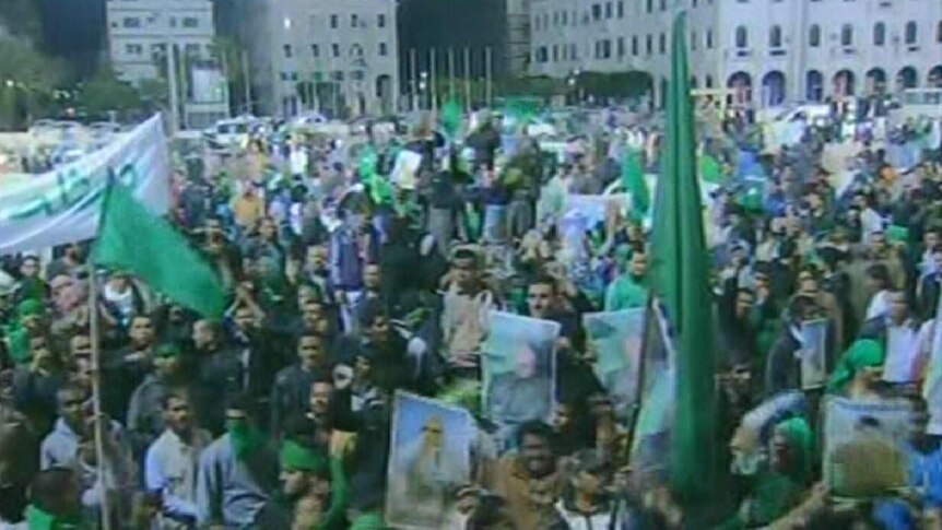 Pro-Gaddafi supporters gather in Tripoli.