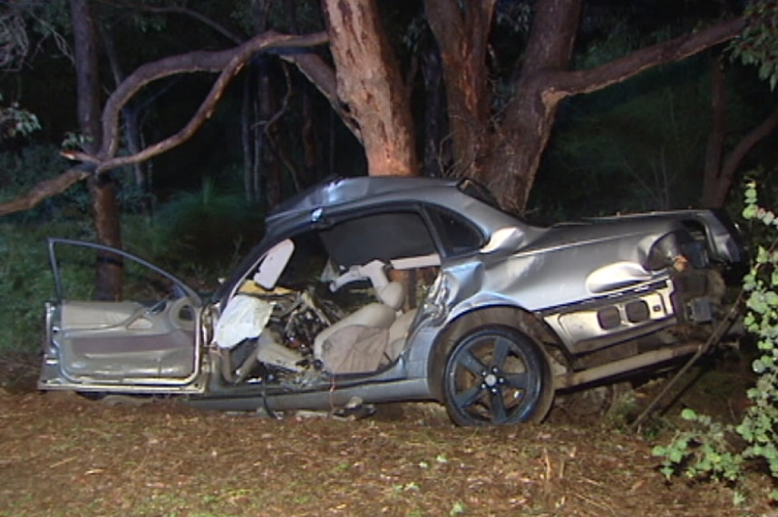 A badly mangled car crashed into a tree, pictured at night.