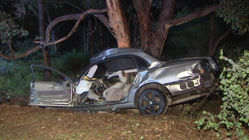 A badly mangled car crashed into a tree, pictured at night.