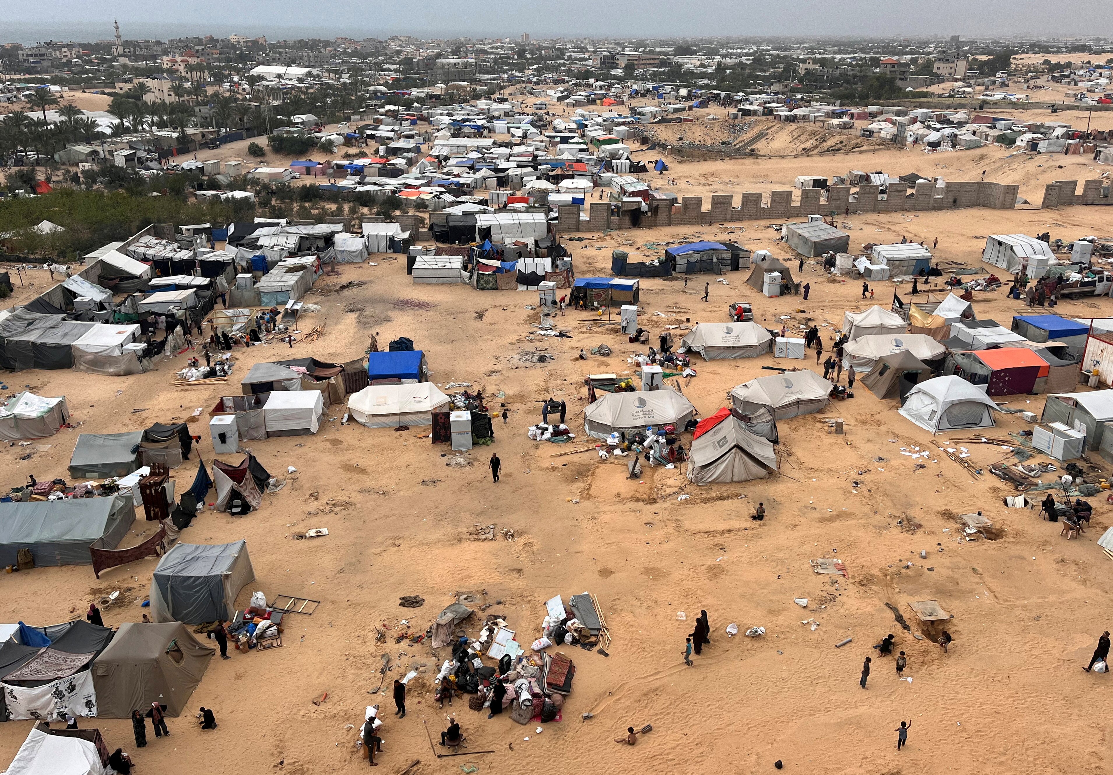 An aerial shot showing a tent camp where Palestinian refugees have been sheltering.