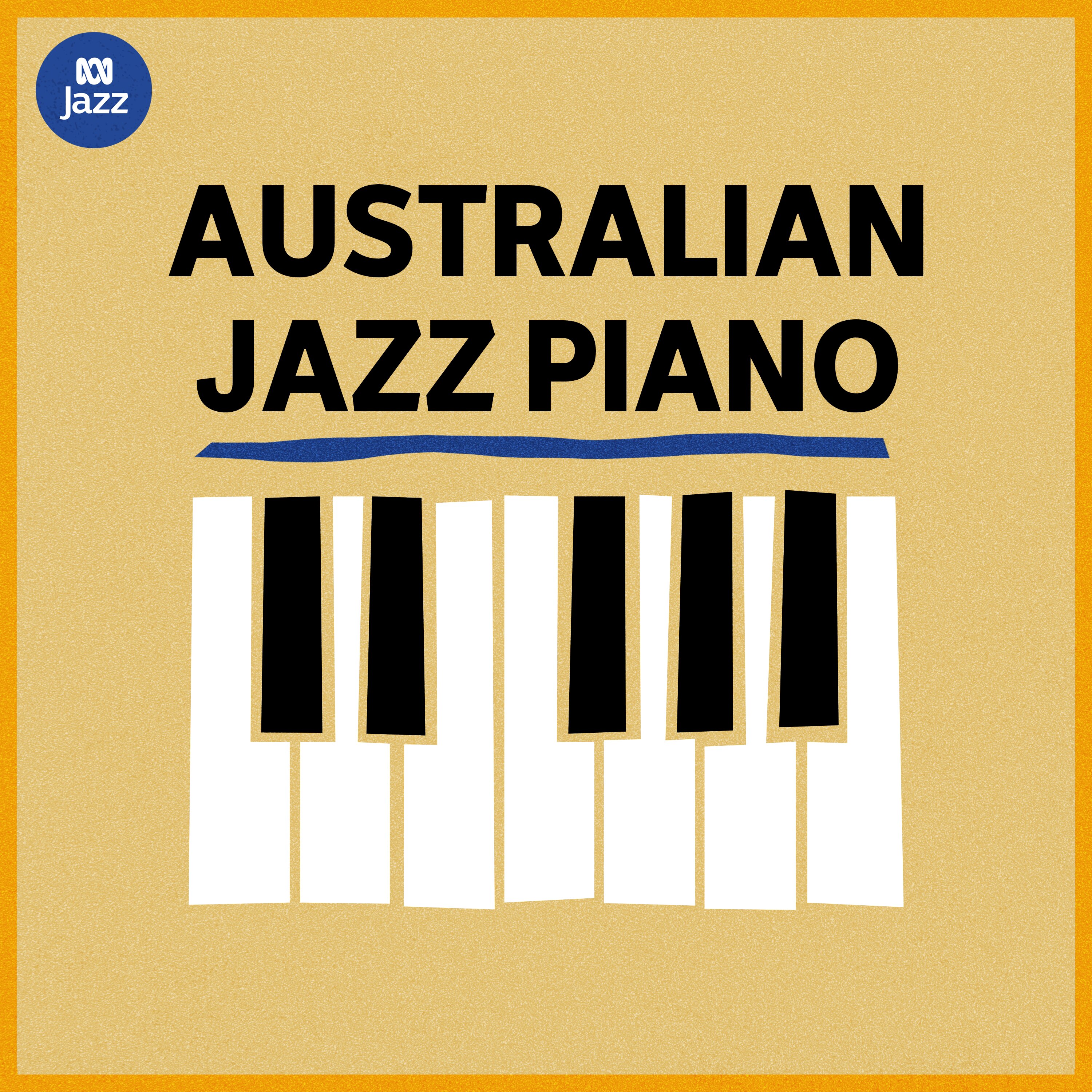 A yellow/brown background set against black and white piano keys