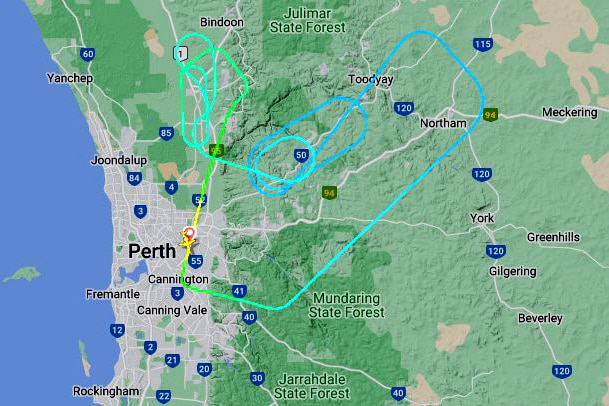 Map showing the flight path of an aircraft over Perth and the Wheatbelt