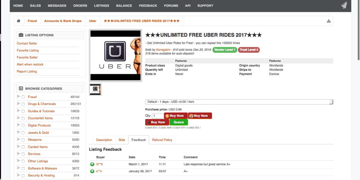 Screenshots of Uber accounts for sale on the dark web