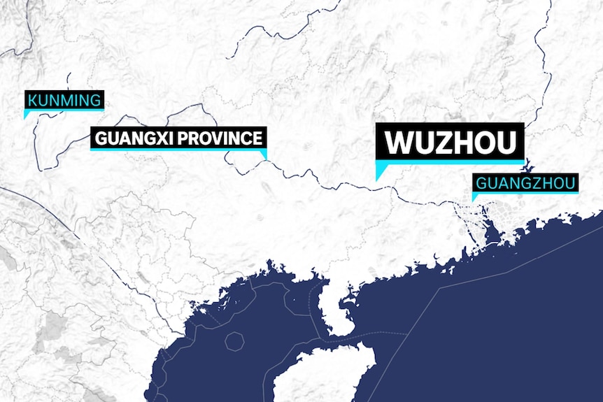 Harta provinciei Guangxi din sudul Chinei arătând ruta urmată de un avion China Eastern Airlines înainte de a se prăbuși.