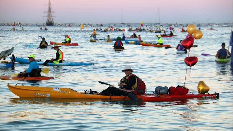 Crowds of canoeists at the start of the Rottnest Channel swim.