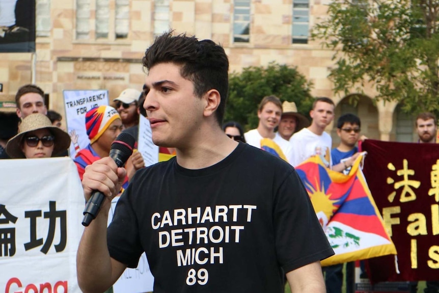 University of Queensland student activist Drew Pavlou, in a photo taken during a protest on campus in 2019.