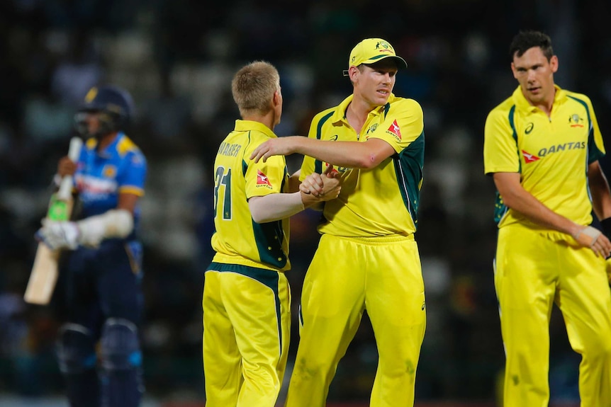 Australian players celebrate their win over Sri Lanka in the T20 at Pallekele