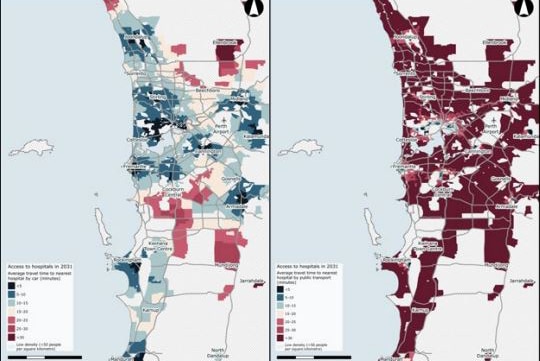 Two shaded maps of the Perth metropolitan area showing the average time it will take to get to a Perth hospital in 2031.