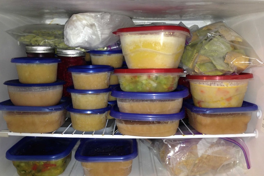 A freezer full of frozen soups