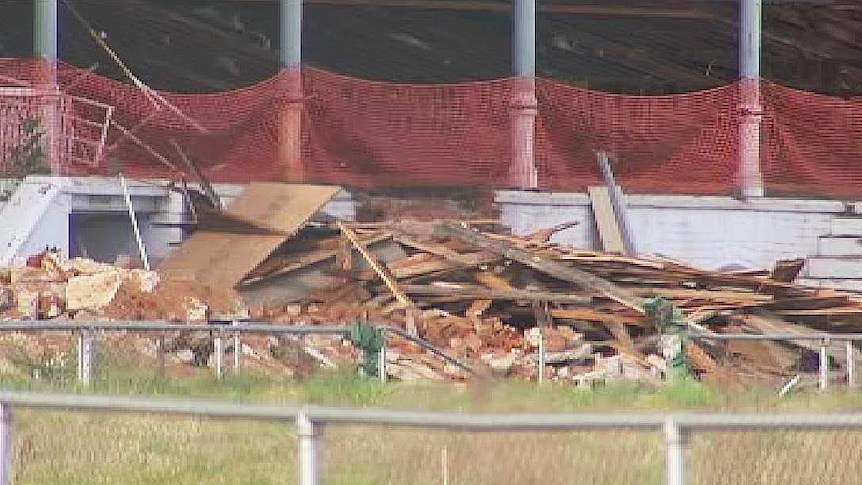 Rubble from demolition work on the Cheltenham grandstand