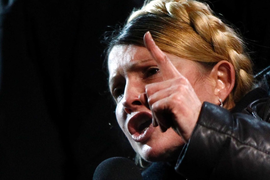 Ukrainian opposition leader Yulia Tymoshenko addresses protesters gathered in Kiev's Independence Square.