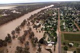 The flooded Balonne River approaches the levee in St George