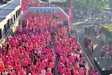 Almost 10,000 people line up at the start line for the 25th International Women's Day Fun Run in Brisbane