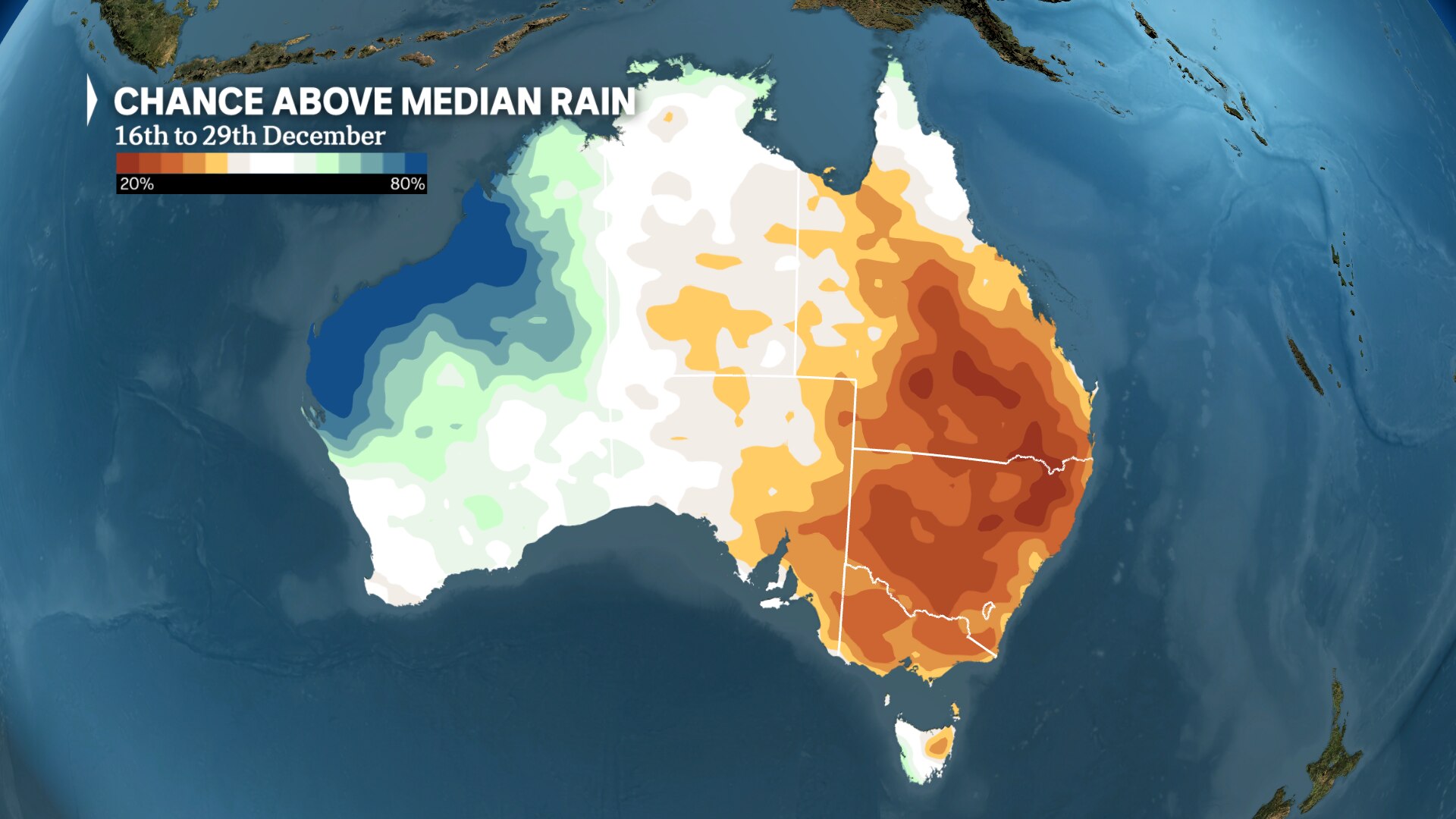 a weather map of australia shows the chance rainfall will be below normal through Christmas across eastern Australia