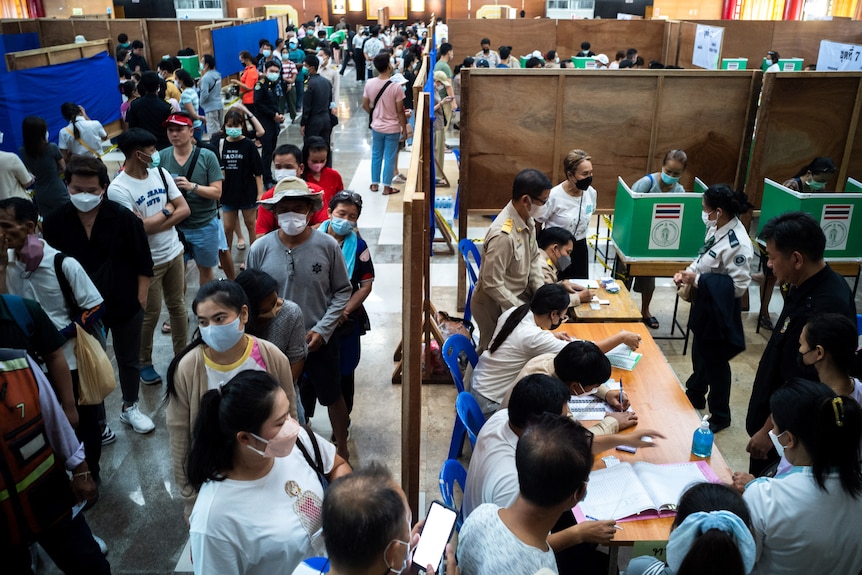 A crowd of people wearing masks stands in line waiting to vote.