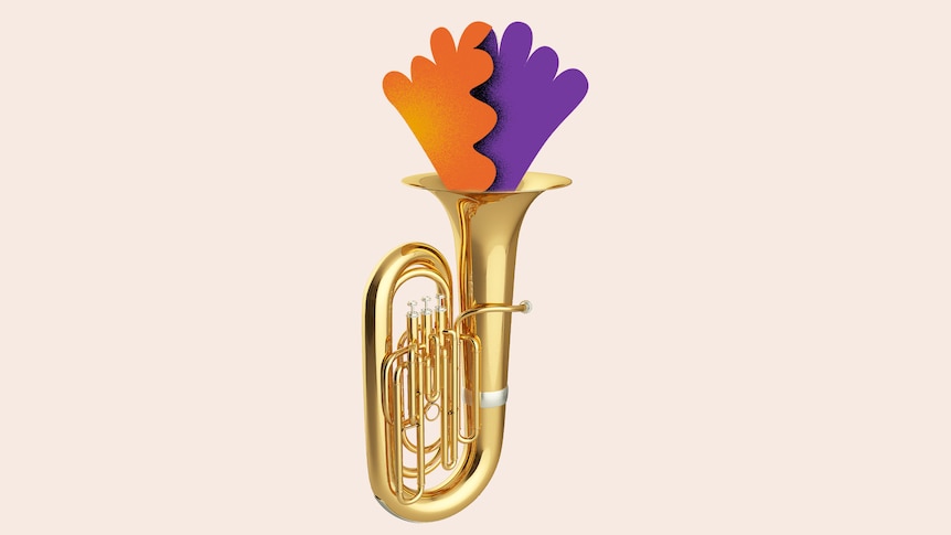 Tuba on a beige background with energetic orange and purple shapes emanating from the bell. 