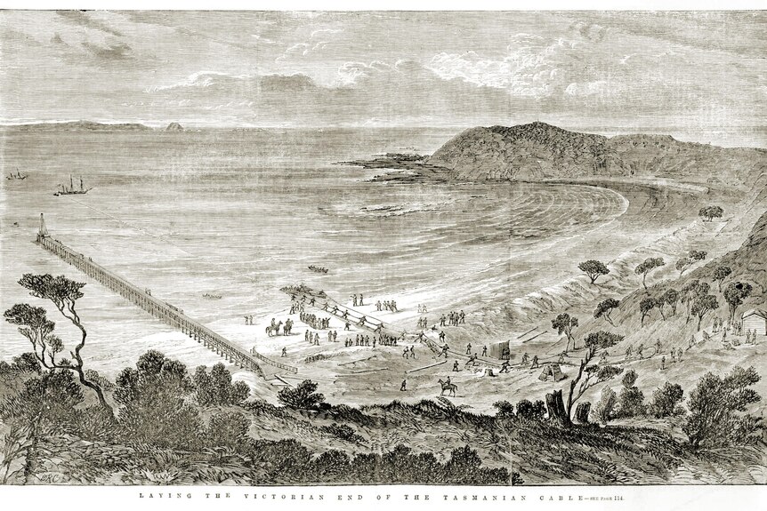 A black-and-white artwork shows the laying of the cable to Tasmania, with Flinders Pier visible beside it.