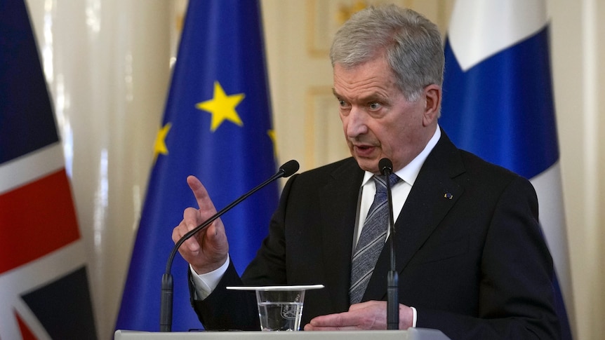 Finland's President Sauli Niinisto makes a point during a joint press conference