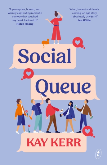 The book cover of Social Queue by Kay Kerr, an illustration of a woman and a group of people vying for her