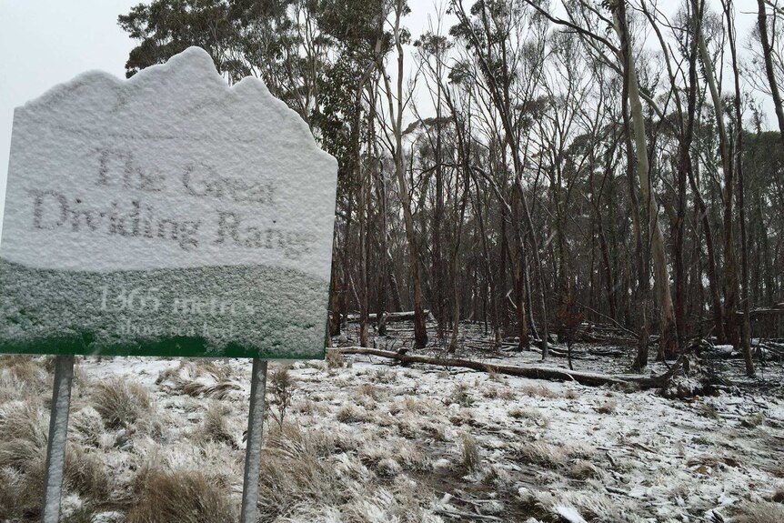 Light snow on grass and trees and partially obscuring a sign reading 'Great Dividing Range' at Jenolan Caves.