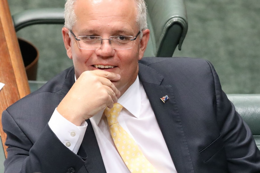 Scott Morrison grins while resting a hand on his chin. The back of Peter Dutton's head is visible.