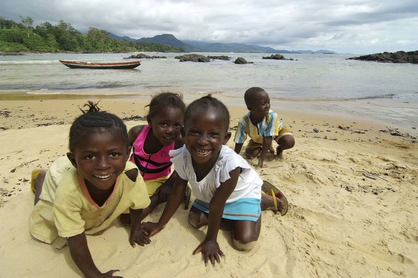 Children play at Boboh beach in Sierra Leone